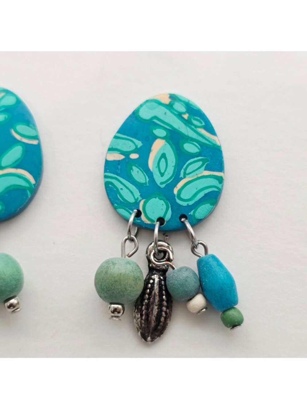 Wooden Boho Teardrop Earrings With Wooden Beads & Metal Charms - Picture 3 of 5